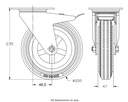 300SS series 200mm stainless steel swivel/brake top plate 140x110mm castor with grey rubber on polypropylene centre plain bearing wheel 205kg - Castor drawing