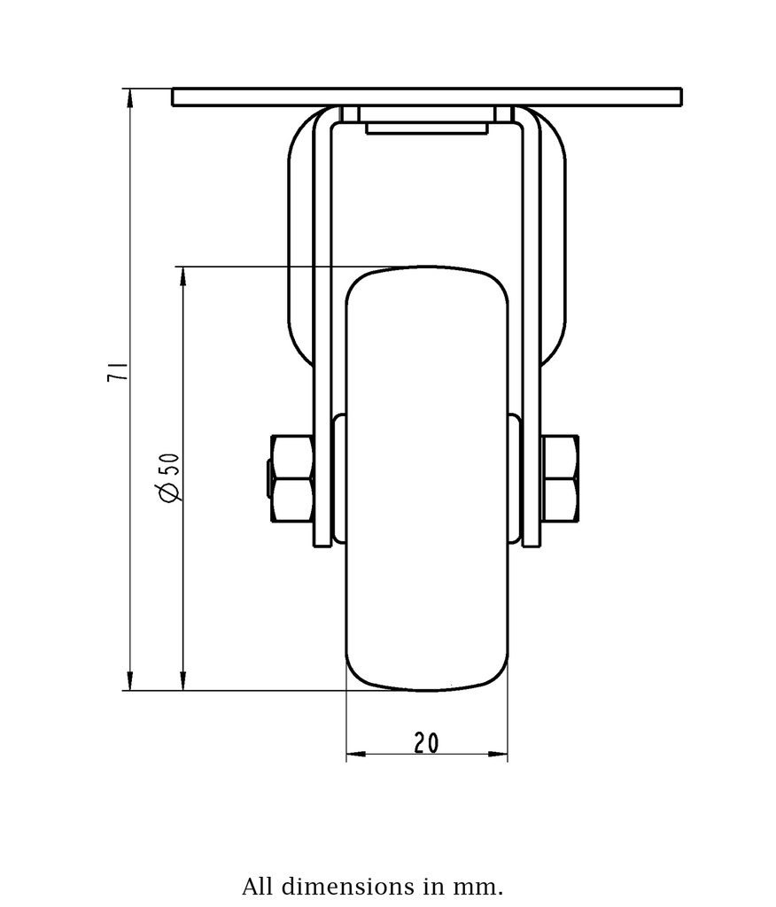 100SS series 50mm stainless steel fixed top plate 60x60mm castor with grey TPR-rubber on polypropylene centre plain bearing wheel 40kg - Castor drawing