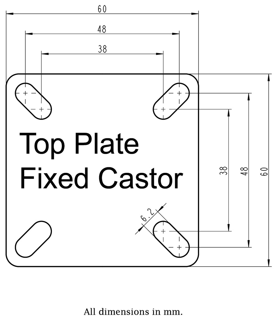 100SS series 50mm stainless steel fixed top plate 60x60mm castor with grey TPR-rubber on polypropylene centre plain bearing wheel 40kg