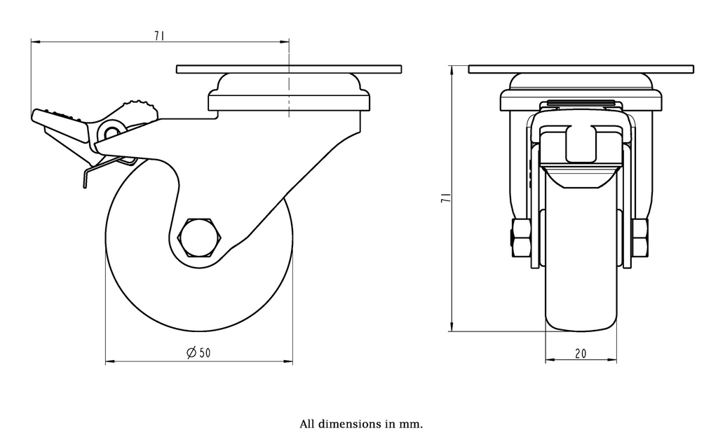 100SS series 50mm stainless steel swivel/brake top plate 60x60mm castor with grey TPR-rubber on polypropylene centre plain bearing wheel 40kg - Castor drawing