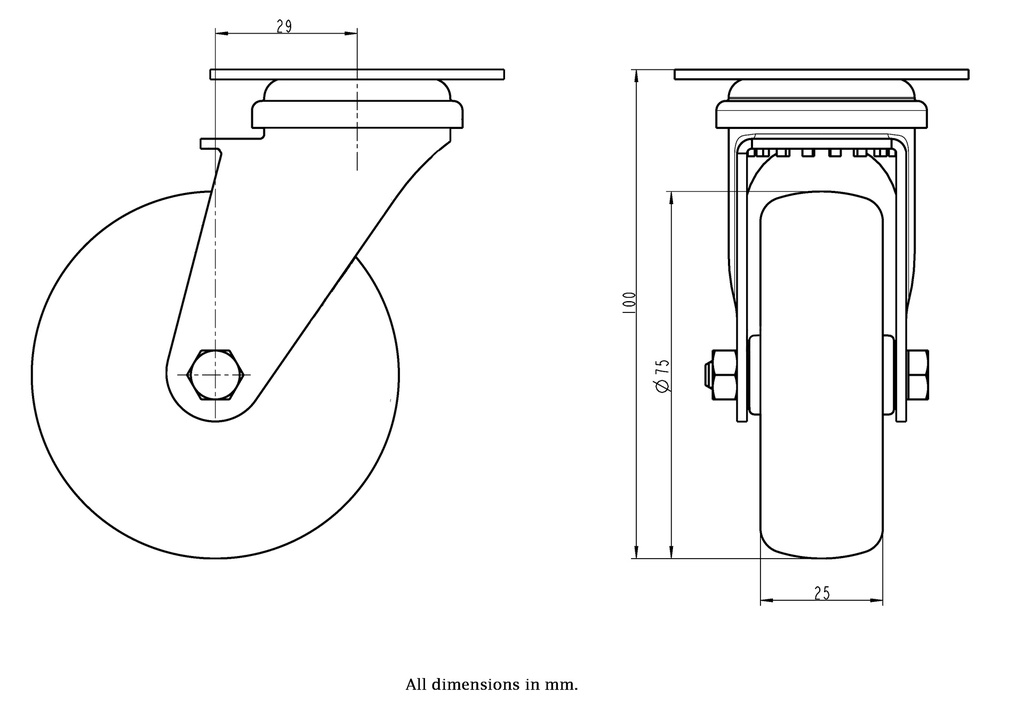 100SS series 75mm stainless steel swivel top plate 60x60mm castor with grey TPR-rubber on polypropylene centre plain bearing wheel 60kg - Castor drawing