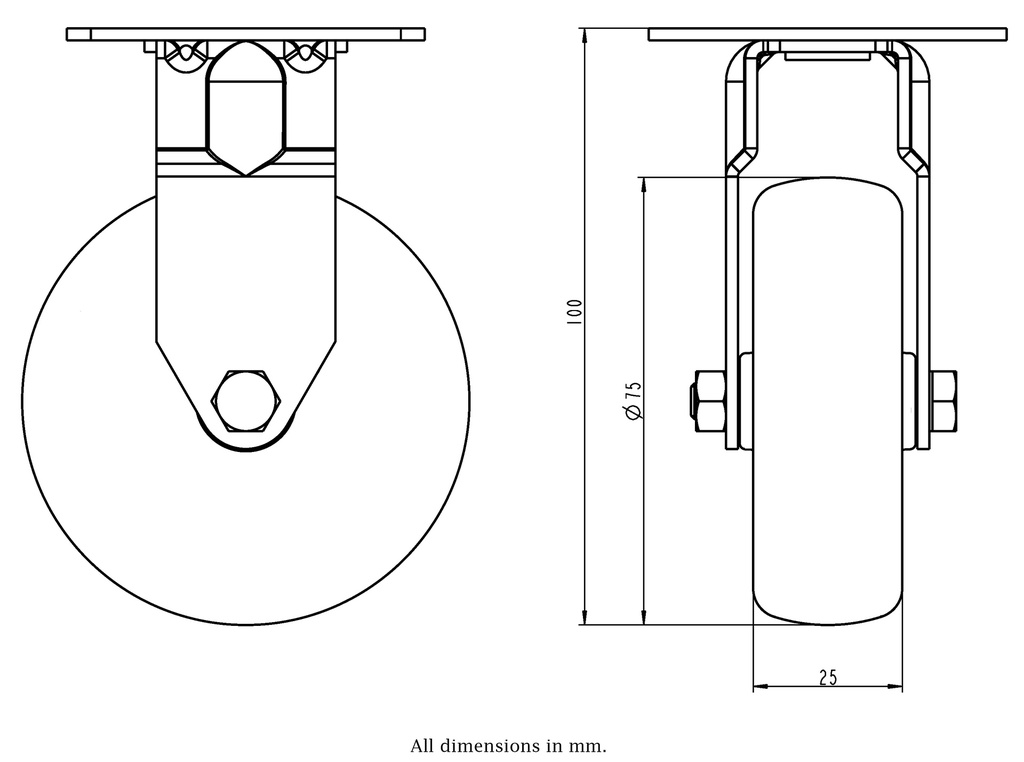 100SS series 75mm stainless steel fixed top plate 60x60mm castor with grey TPR-rubber on polypropylene centre plain bearing wheel 60kg - Castor drawing