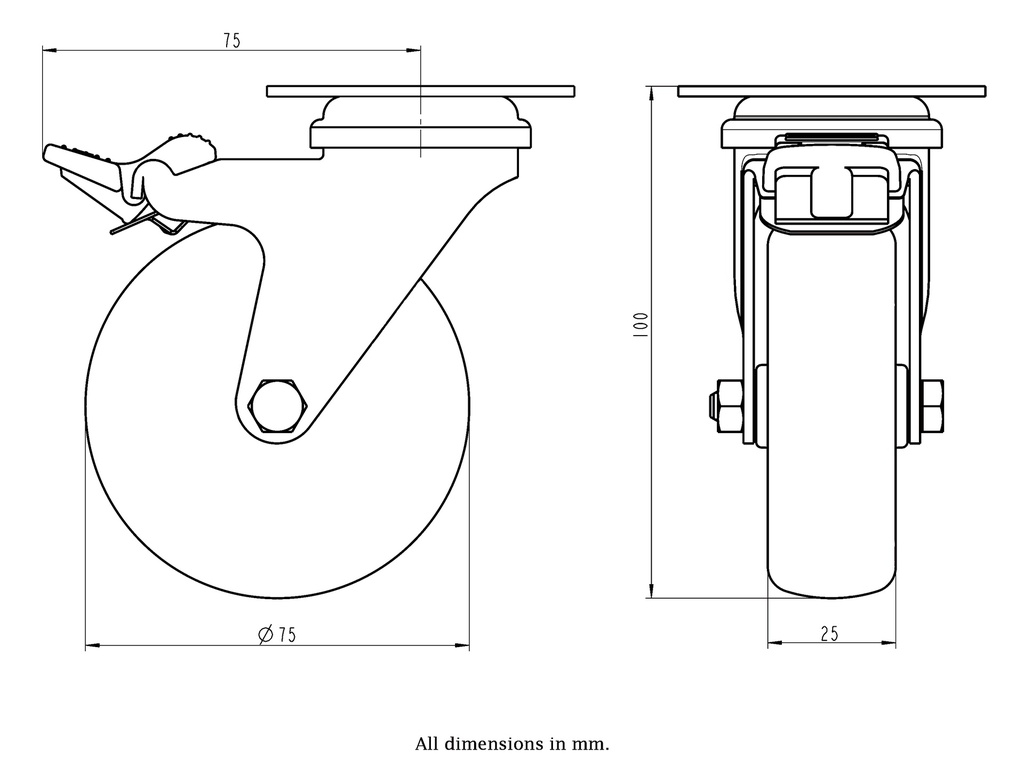 100SS series 75mm stainless steel swivel/brake top plate 60x60mm castor with grey TPR-rubber on polypropylene centre plain bearing wheel 60kg - Castor drawing