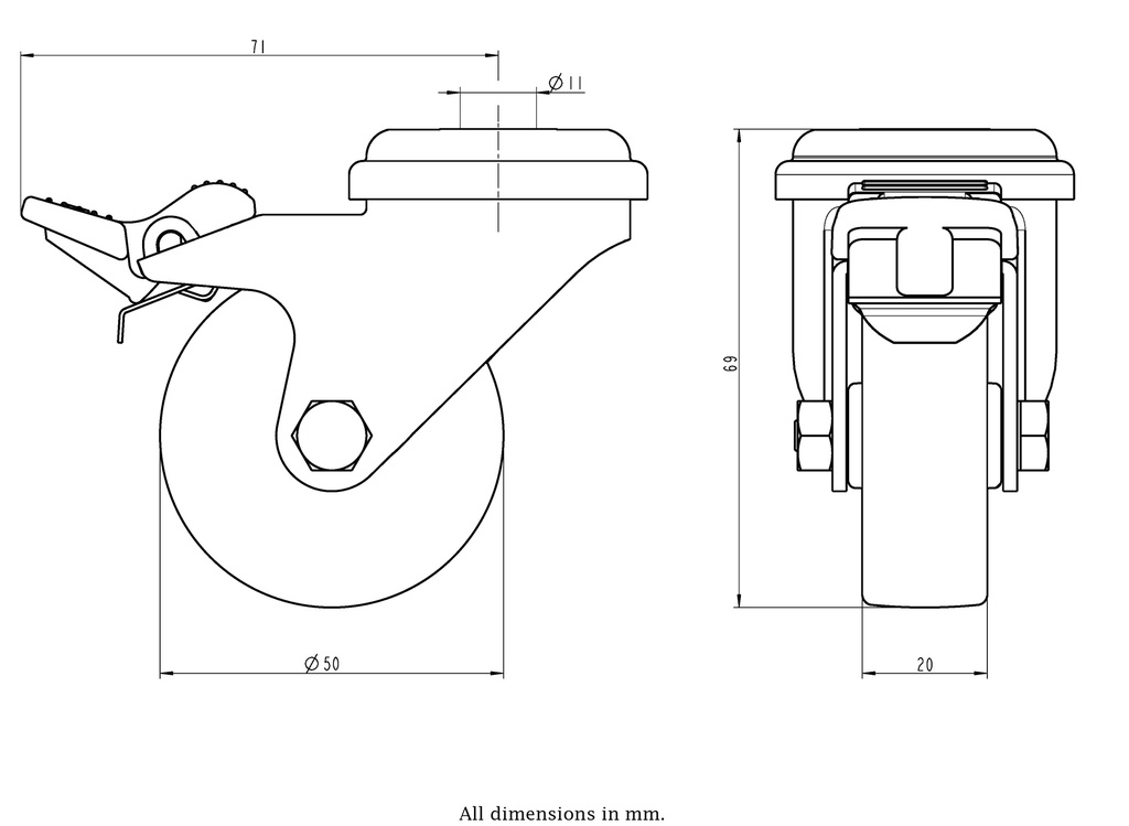 100SS series 50mm stainless steel swivel/brake bolt hole 11mm castor with grey TPR-rubber on polypropylene centre plain bearing wheel 40kg - Castor drawing