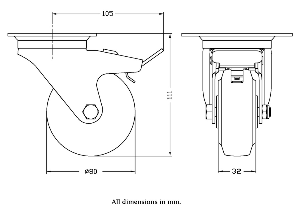300 series 80mm swivel/brake top plate 100x80mm castor with blue elastic rubber on nylon centre plain bearing wheel 140kg - Castor dimensions