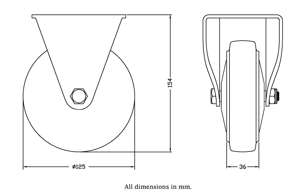 322 series 125mm fixed top plate 105x88mm castor with blue elastic rubber on nylon centre roller bearing wheel 200kg - Castor dimensions
