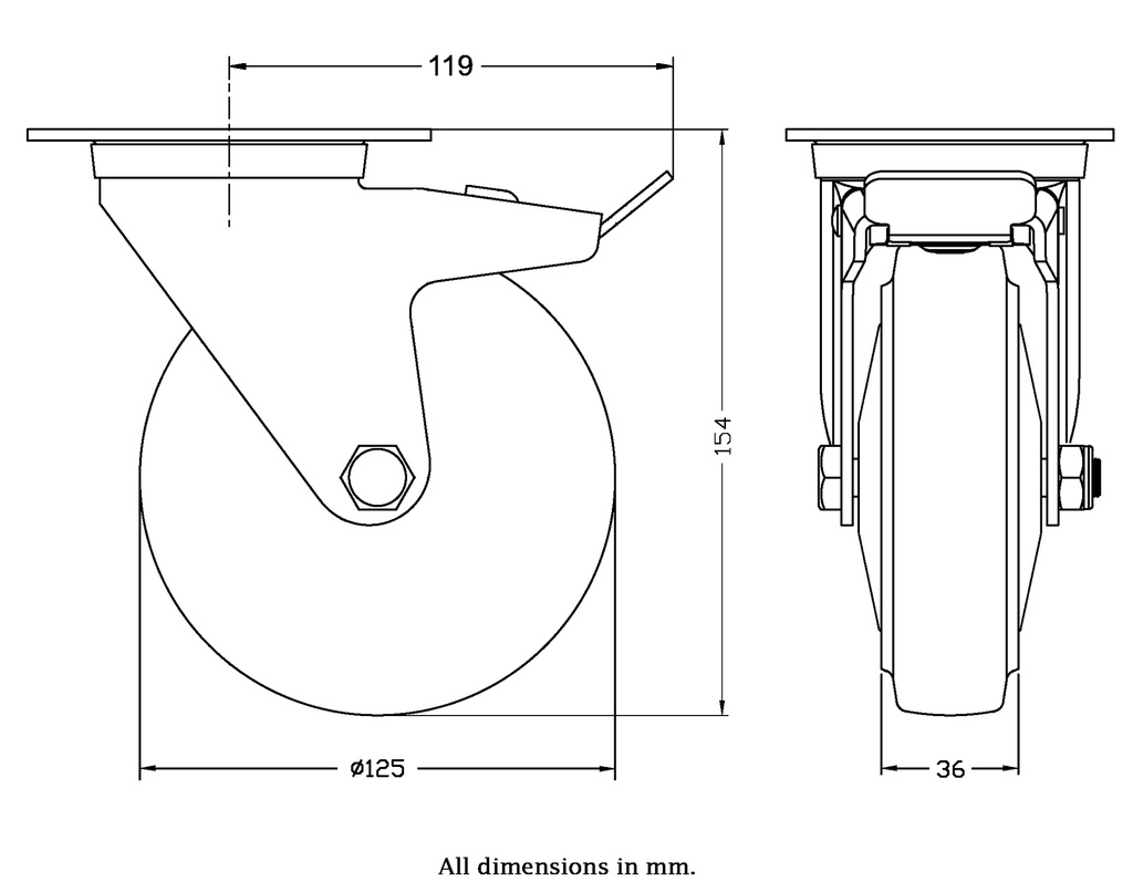 322 series 125mm swivel/brake top plate 106x86mm castor with blue elastic rubber on nylon centre roller bearing wheel 200kg - Castor dimensions