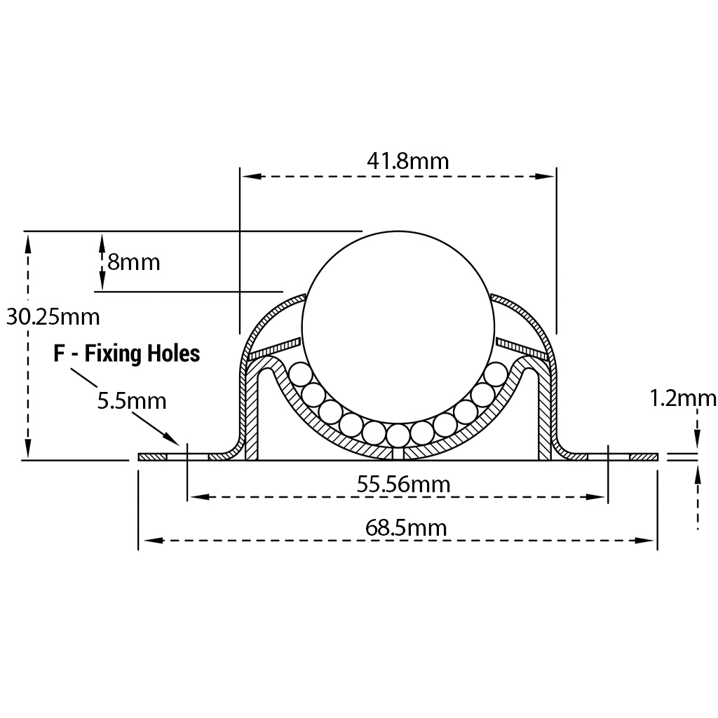 25mm BASE PLATE FIXING BALL TRANSFER UNIT, ZINC Drawing with Dimensions