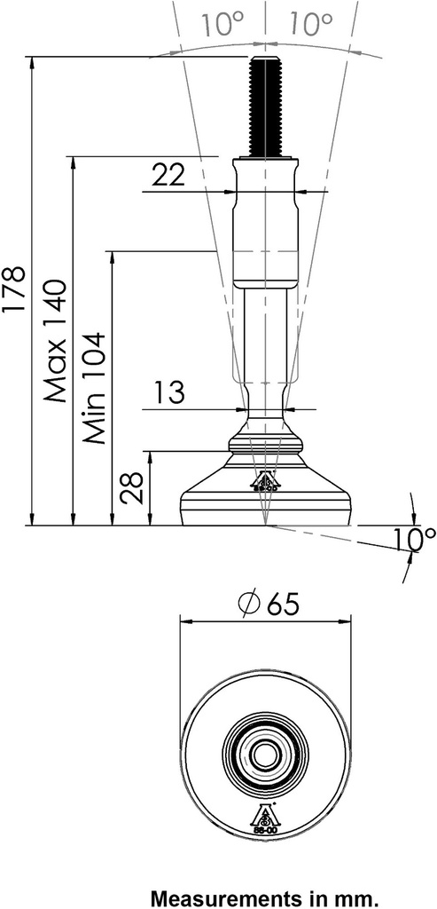 M12x150 Stainless certified hygienic levelling foot 65mm stainless base with anti-vibration rubber pad 800kg AISI 304/A2 - Dimension