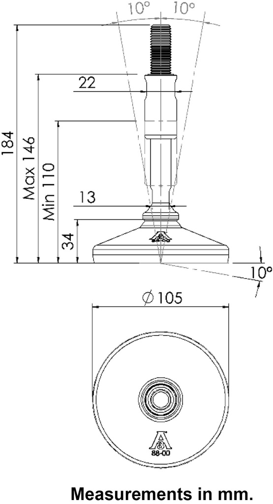 M16x150 Stainless certified hygienic levelling foot 105mm stainless base with anti-vibration rubber pad 2200kg AISI 304/A2 - Dimensions