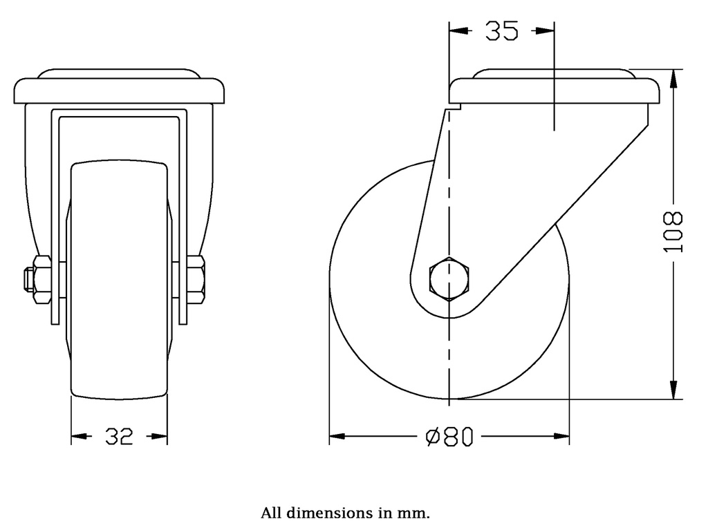 300 series 80mm swivel bolt hole 10,5mm castor with grey TPR-rubber on polypropylene centre ball bearing wheel 80kg - Castor dimensions