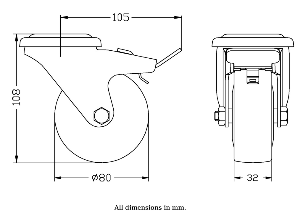 300 series 80mm swivel/brake bolt hole 10,5mm castor with grey TPR-rubber on polypropylene centre ball bearing wheel 80kg - Castor dimensions