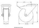 300 series 100mm swivel/brake bolt hole 10,5mm castor with grey TPR-rubber on polypropylene centre ball bearing wheel 110kg- Castor dimensions