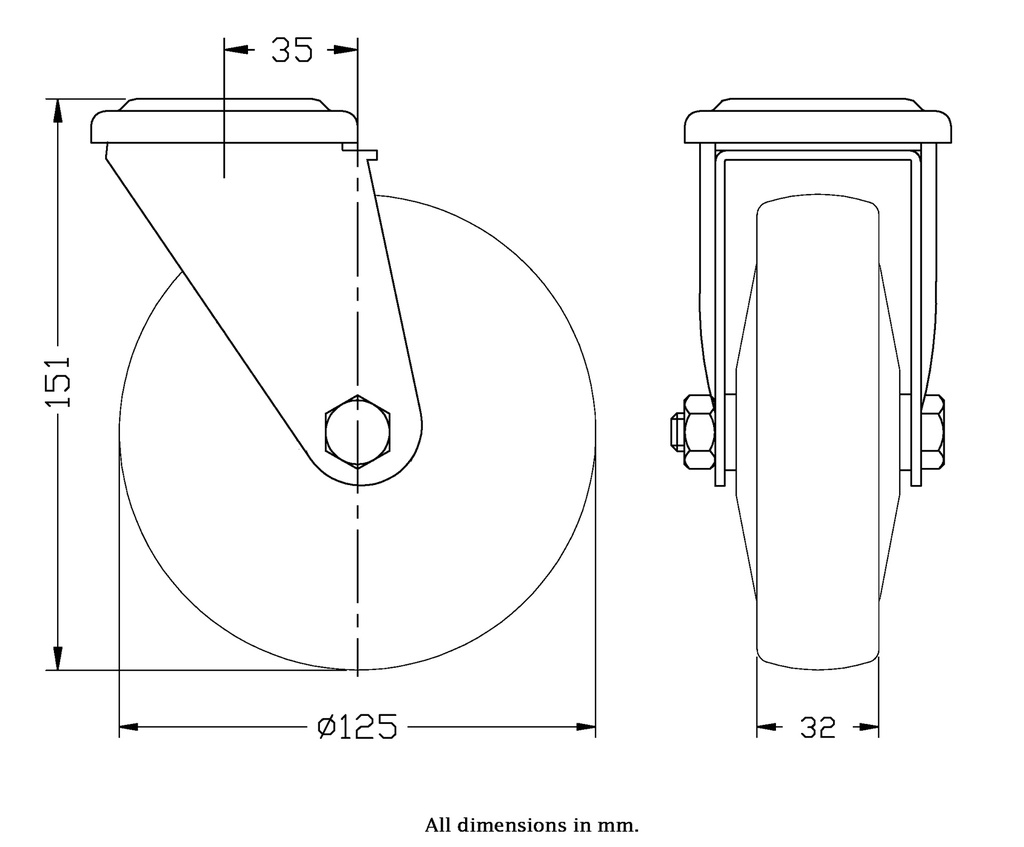 300 series 125mm swivel bolt hole 10,5mm castor with grey TPR-rubber on polypropylene centre ball bearing wheel 130kg - Castor dimensions