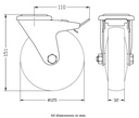 300 series 125mm swivel/brake bolt hole 10,5mm castor with grey TPR-rubber on polypropylene centre ball bearing wheel 130kg - Castor dimensions