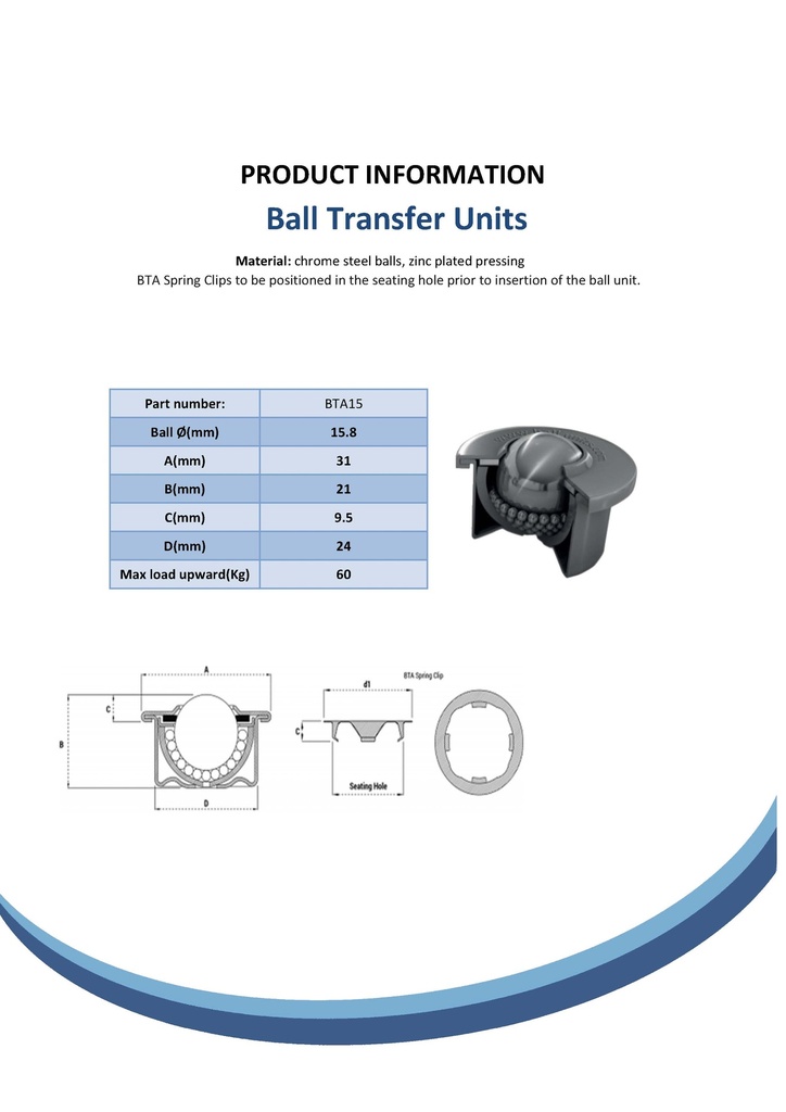 15mm 'DROP-IN' BALL TRANSFER UNIT, ZINC. Spec Sheet