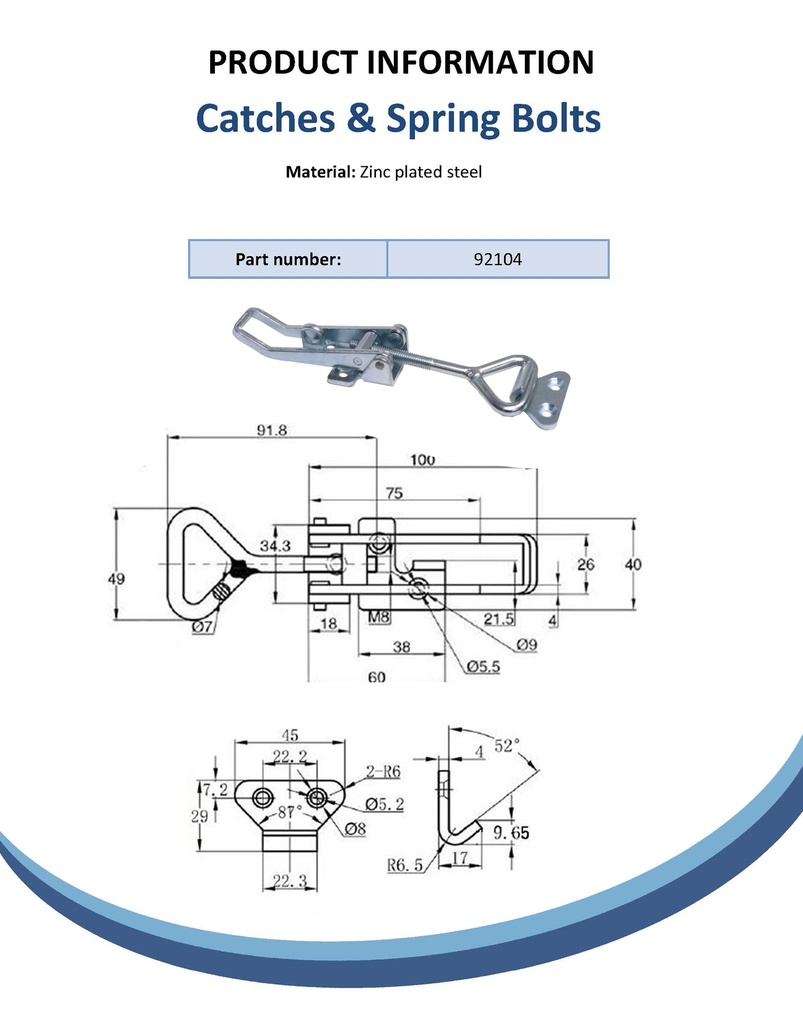 Large over-centre catch with receiver - Zinc Spec Sheet