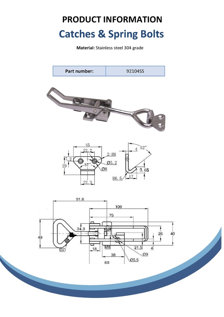 Large over-centre catch with receiver - Stainless steel (304) Spec Sheet