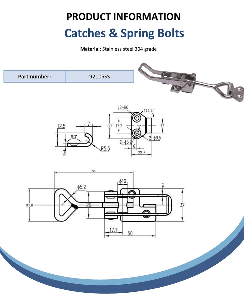 Medium over-centre catch with receiver - Stainless steel (304) Spec Sheet