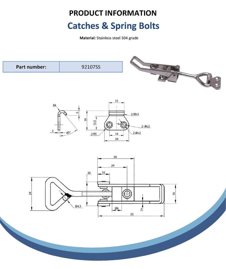 Small over-centre catch with receiver - Stainless steel (304) Spec Sheet