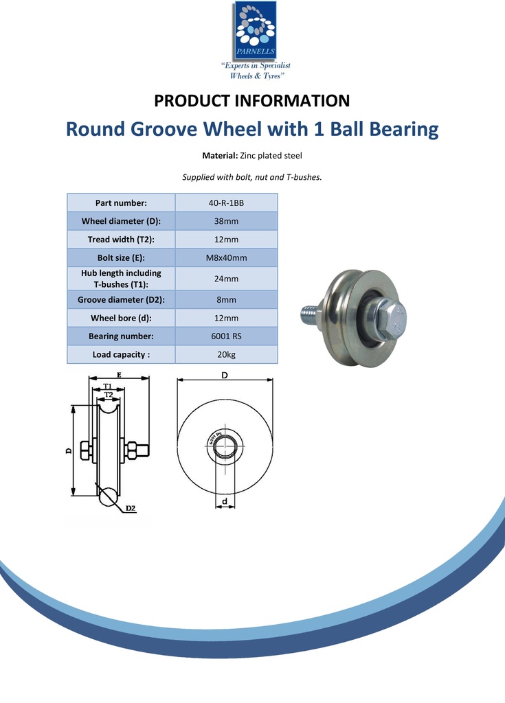 40mm Round groove wheel with 1 ball bearing - Spec sheet