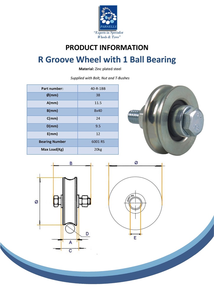 40mm Round groove wheel with 1 ball bearing - Spec sheet
