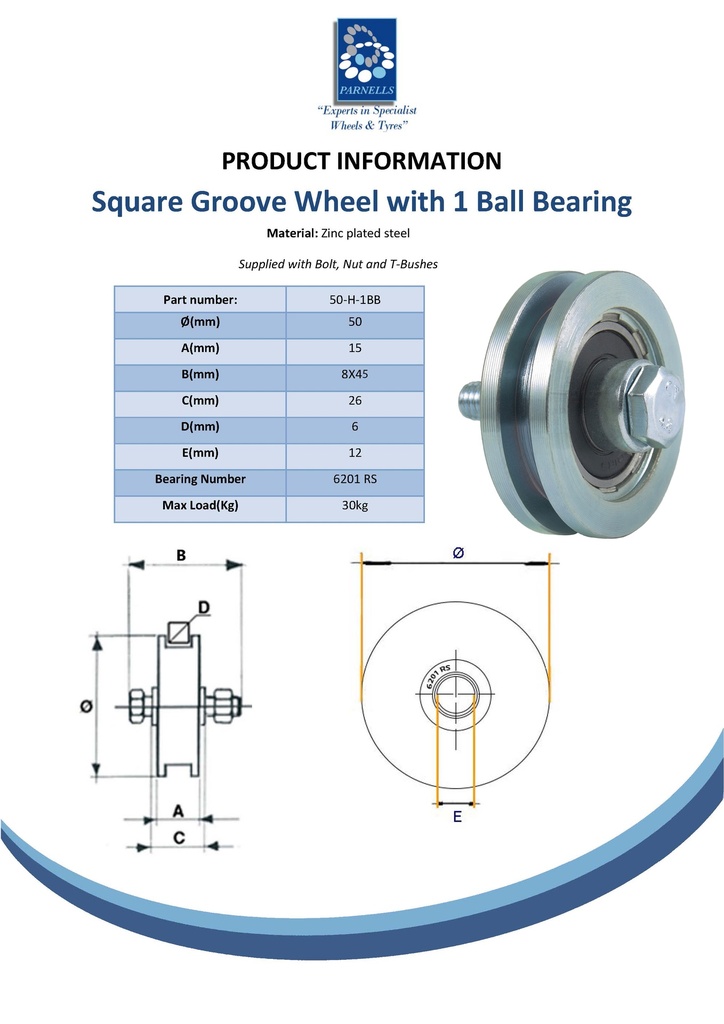 50mm Square groove wheel with 1 ball bearing Spec Sheet
