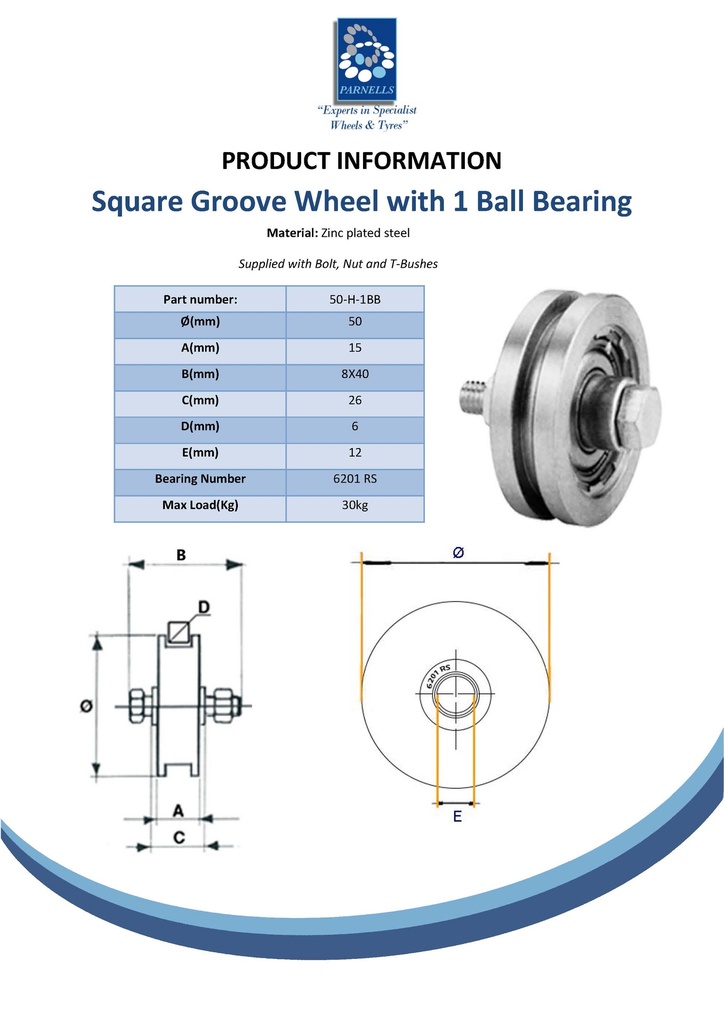 50mm Square groove wheel with 1 ball bearing Spec Sheet