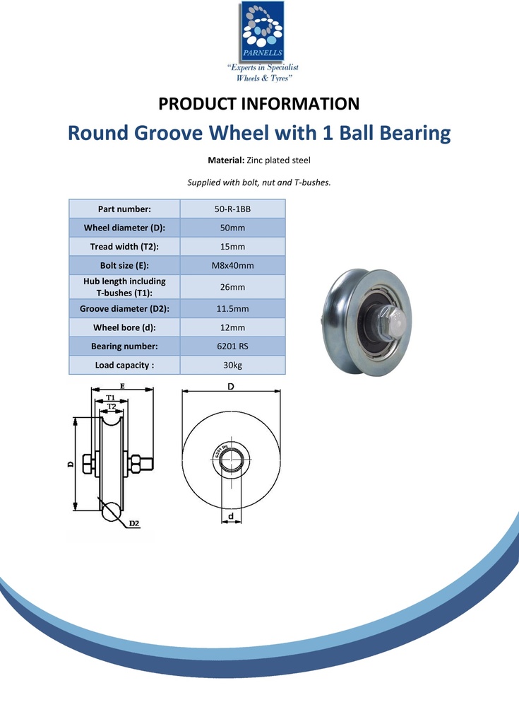 50mm Round groove wheel with 1 ball bearing - Spec sheet