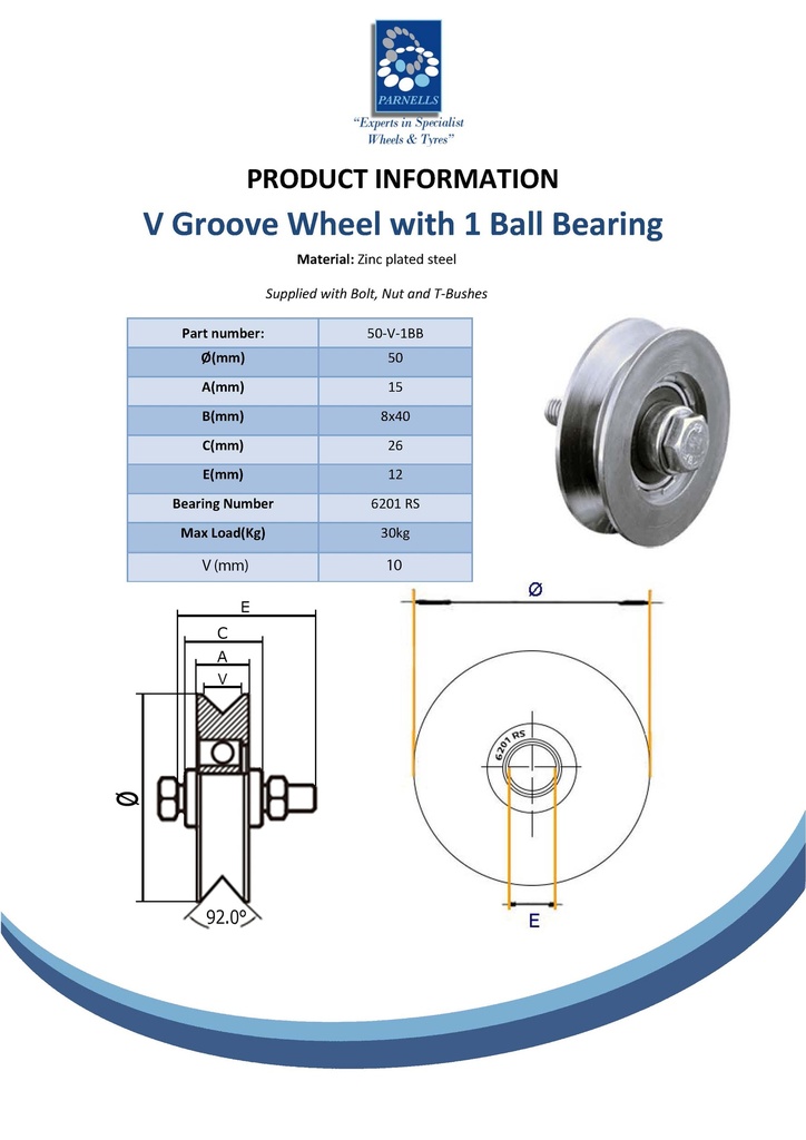 50mm V-groove wheel with 1 ball bearing Spec Sheet