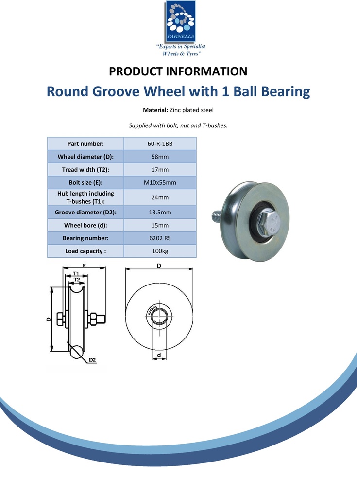 60mm Round groove wheel with 1 ball bearing - Spec sheet