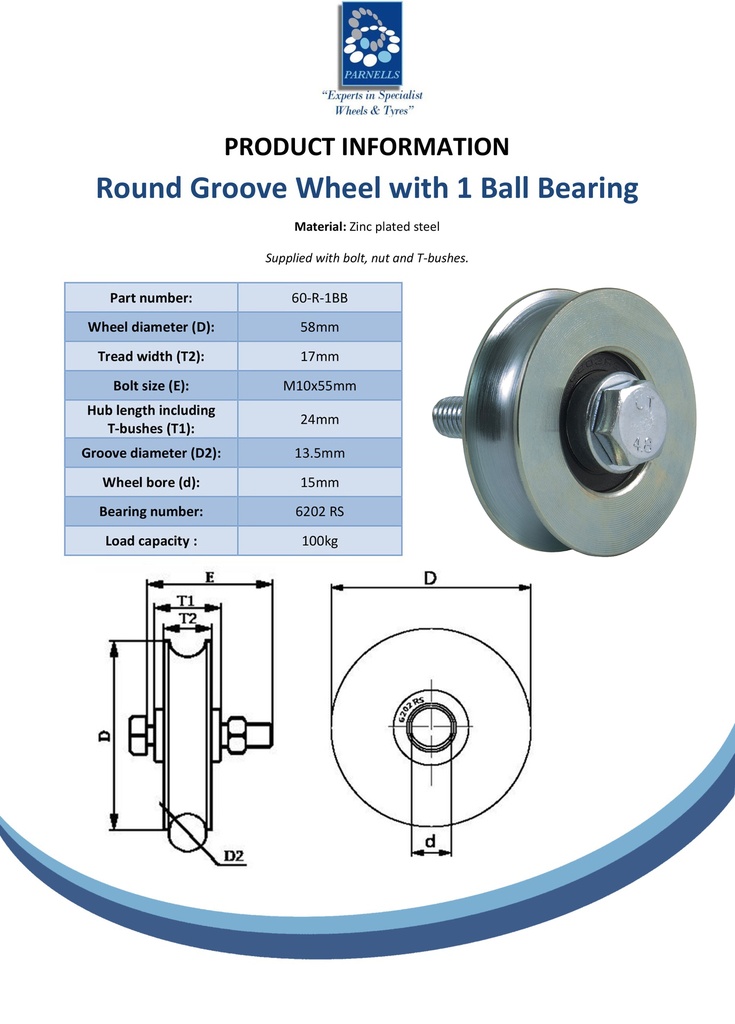 60mm Round groove wheel with 1 ball bearing - Spec sheet