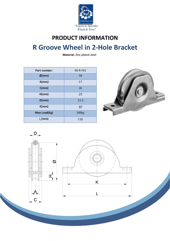 60mm Round groove wheel in 2-hole bracket Spec Sheet