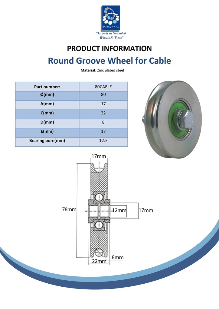 80mm Round groove wheel with 8mm groove for cable - Spec sheet