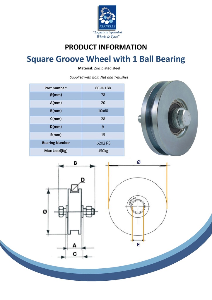 80mm Square groove wheel with 1 ball bearing Spec Sheet