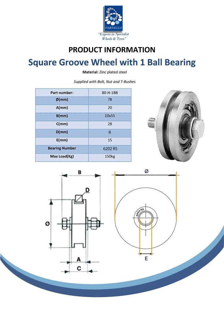 80mm Square groove wheel with 1 ball bearing Spec Sheet