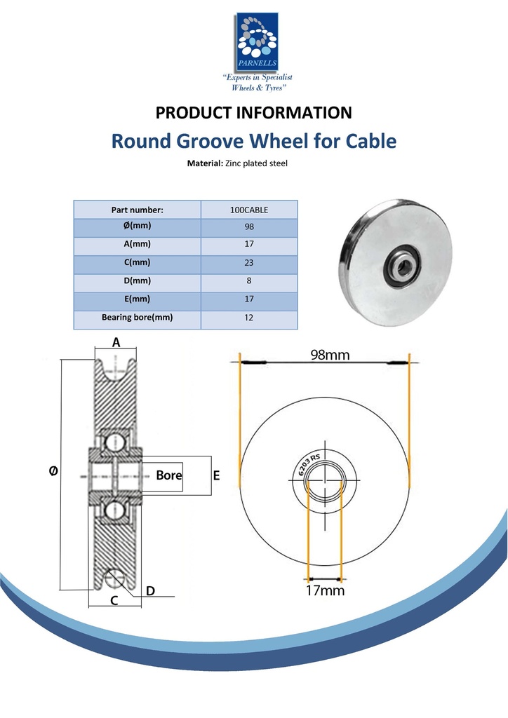 100mm Round groove wheel with 8mm groove for cable Spec Sheet