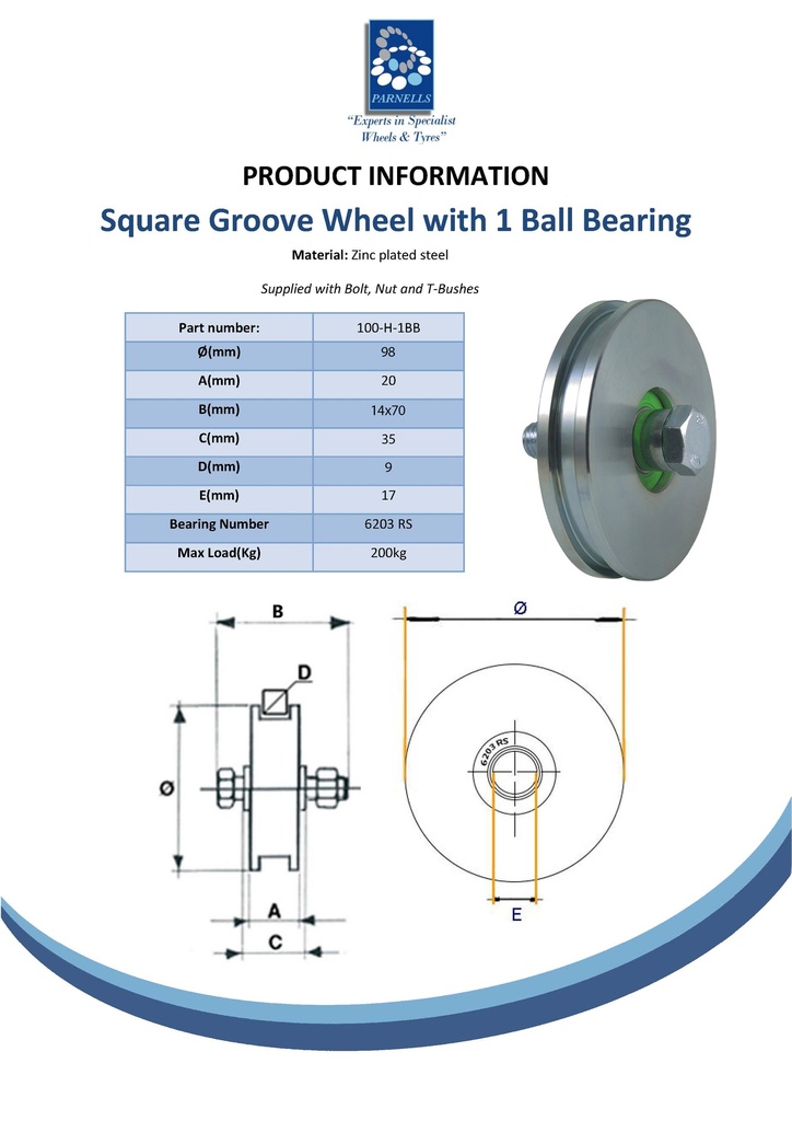 100mm Square groove wheel with 1 ball bearing Spec Sheet