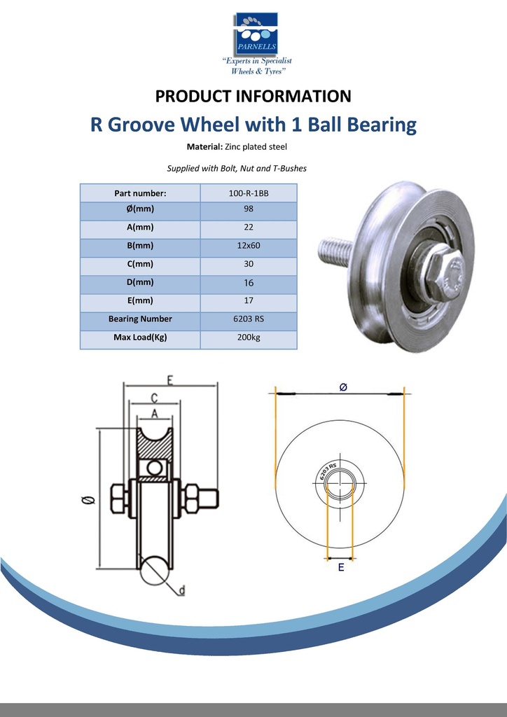 100mm Round groove wheel with 1 ball bearing Spec Sheet