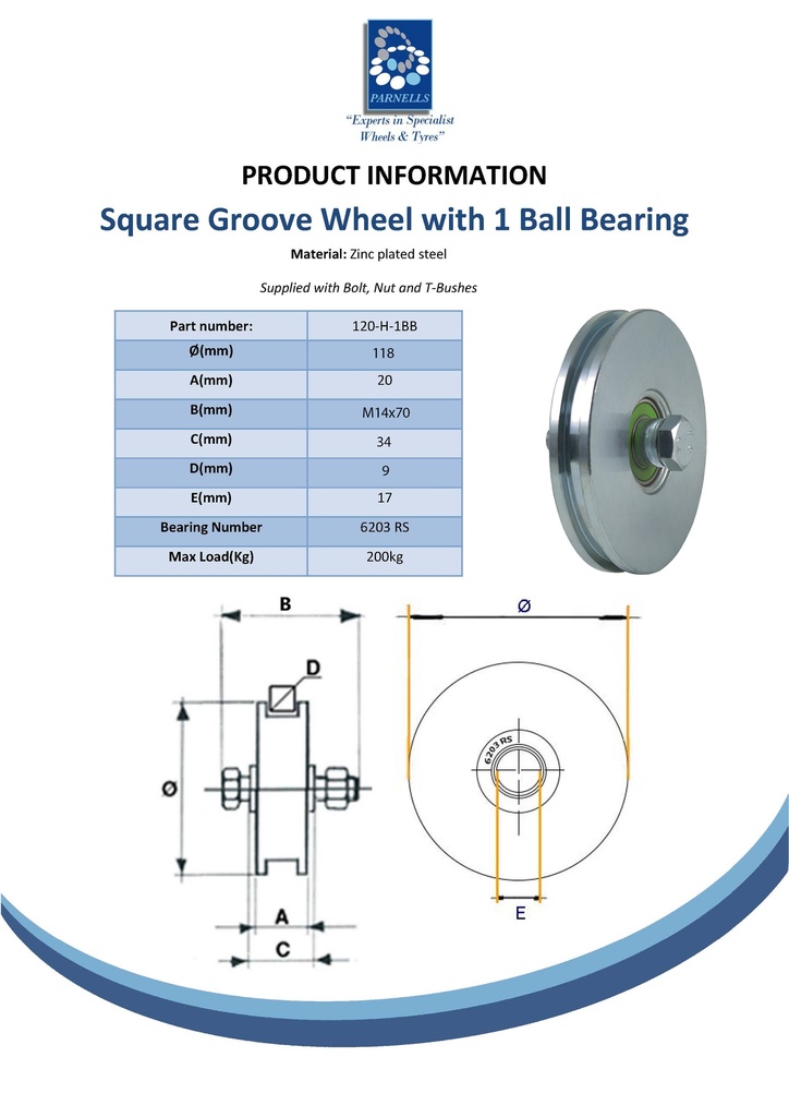 120mm Square groove wheel with 1 ball bearing Spec Sheet