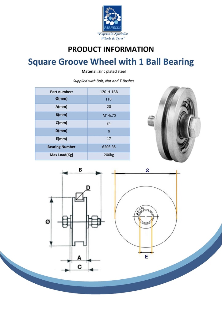 120mm Square groove wheel with 1 ball bearing Spec Sheet