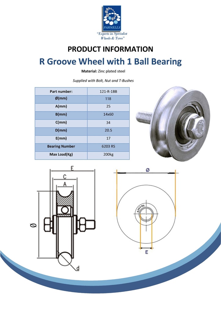 120mm Round groove wheel with 20.5mm groove 1 ball bearing Spec Sheet