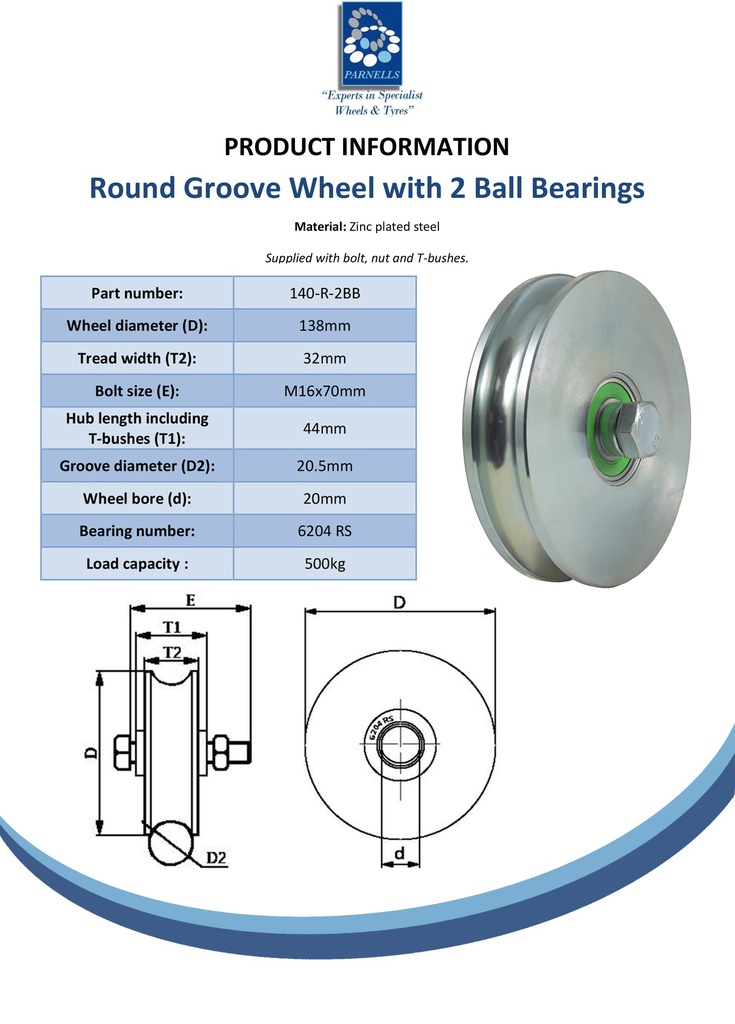 140mm Round groove wheel 20.5mm groove 2 ball bearing - Spec sheet