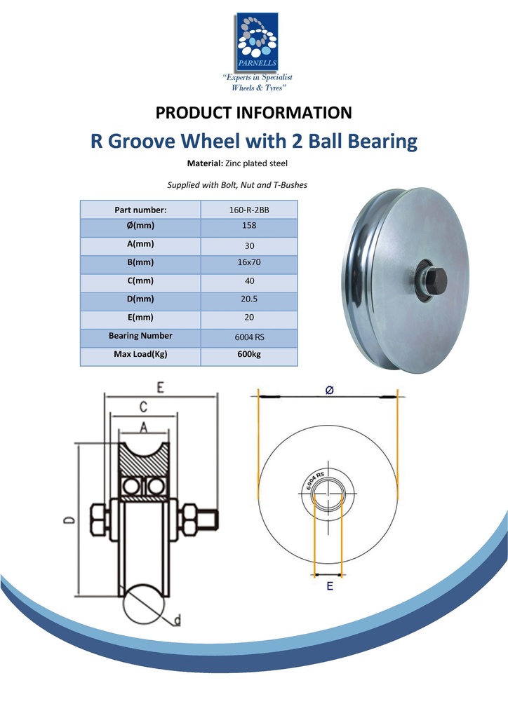 160mm Round groove wheel 20.5mm groove 2 ball bearing - Spec sheet