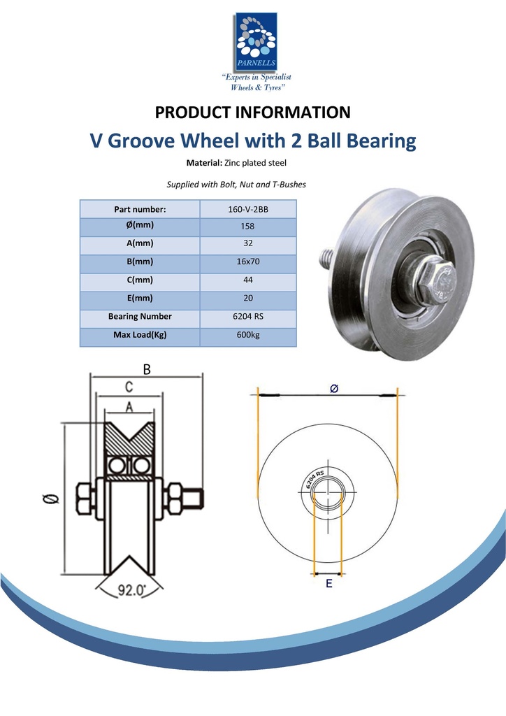 160mm V Groove wheel 2 ball bearing Spec Sheet