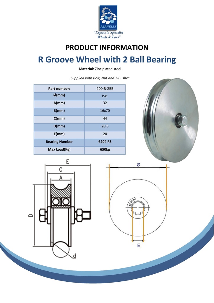 200mm Round groove wheel 20.5mm groove 2 ball bearing - Spec sheet