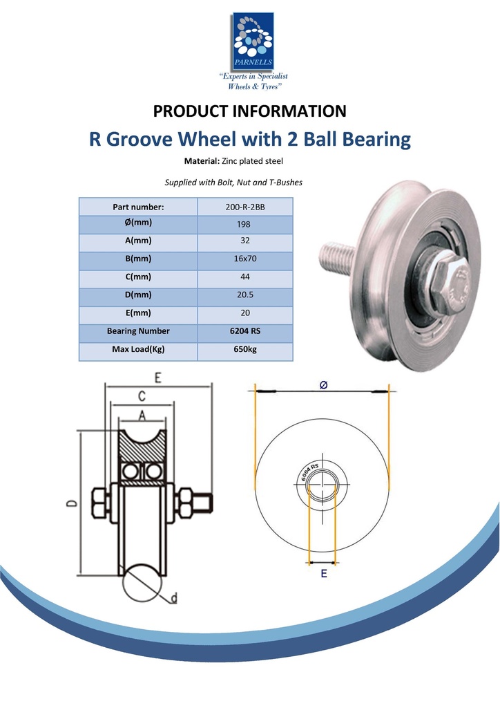 200mm Round groove wheel 20.5mm groove 2 ball bearing Spec Sheet