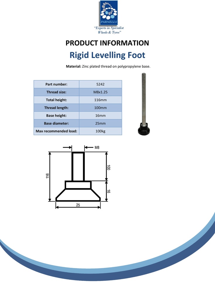 M8x100 Zinc plated rigid levelling foot 25mm plastic base 100kg - Spec sheet