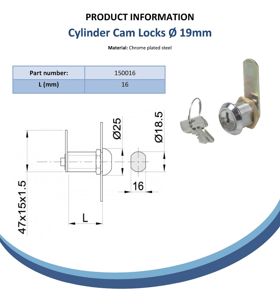 Cylinder cam lock (16mm thread length) Spec Sheet