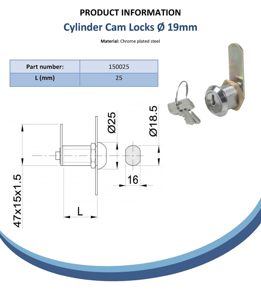 Cylinder cam lock (25mm thread length) Spec Sheet
